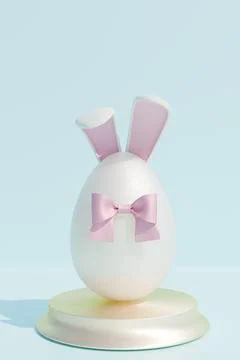 Easter egg with bunny ears and a pink bow, displayed on a stand. Illustrazione stock