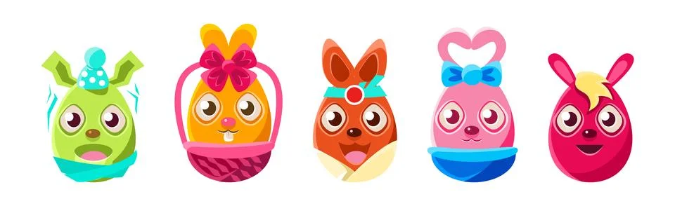 Easter Egg Bunny with Smiling Face and Long Ears Vector Set Stock Illustration
