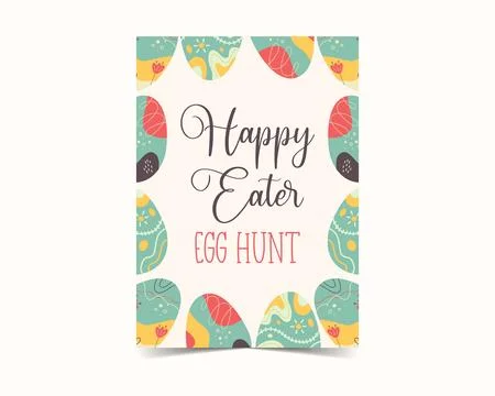 Easter egg card design. Easter holiday egg hunt flyer in colorful flat style Stock Illustration