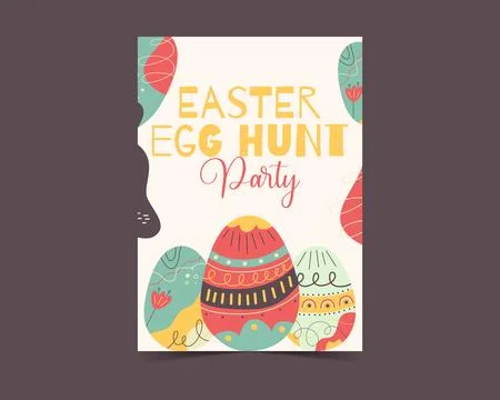 Easter egg card design. Easter holiday egg hunt flyer in colorful flat style Stock Illustration