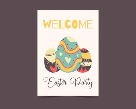 Easter egg card design. Easter party holiday egg hunt flyer in colorful flat Stock Illustration