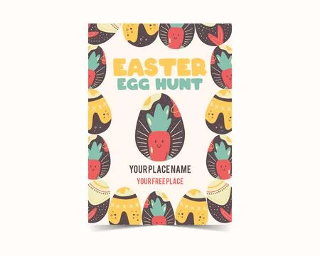 Easter egg card design. Easter holiday egg hunt flyer in colorful retro flat Stock Illustration