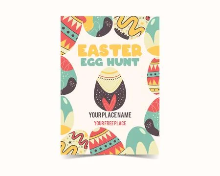 Easter egg card design. Easter holiday egg hunt flyer in colorful flat style Stock Illustration
