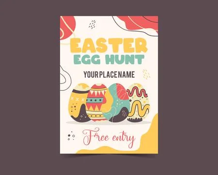Easter egg card design. Easter holiday egg hunt flyer in colorful flat style Stock Illustration