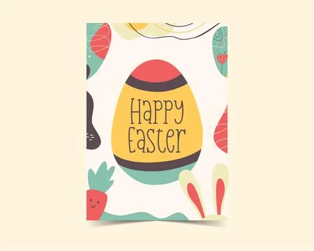 Easter egg card design. Happy Easter holiday egg hunt flyer in colorful flat Stock Illustration