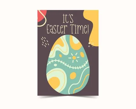 Easter egg card design. Its Easter Time holiday egg hunt flyer in colorful flat Stock Illustration