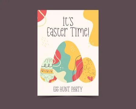 Easter egg card design. Its Easter Time holiday egg hunt flyer in colorful flat Stock Illustration