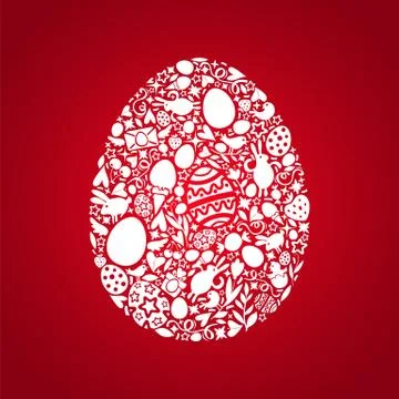 Easter egg card of white objects on red background Stock Illustration