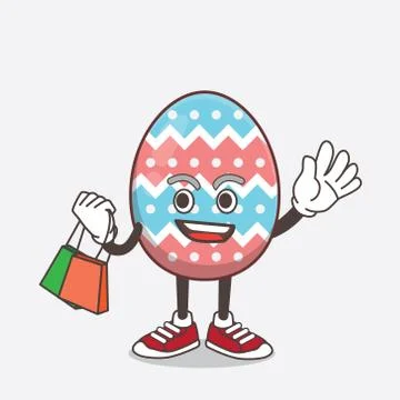 Easter Egg cartoon mascot character waving and holding Shopping bags Stock Illustration
