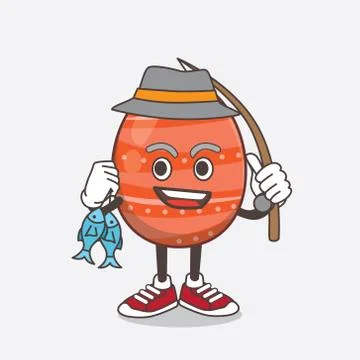 Easter Egg cartoon mascot character fishing with 2 fishes Stock Illustration