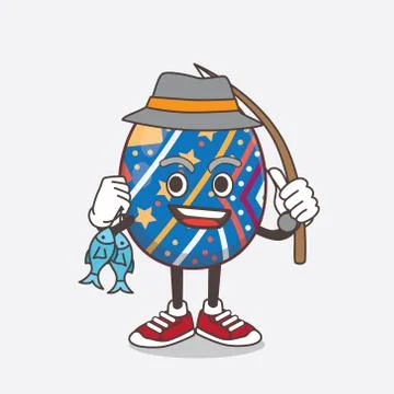 Easter Egg cartoon mascot character fishing with 2 fishes Stock Illustration