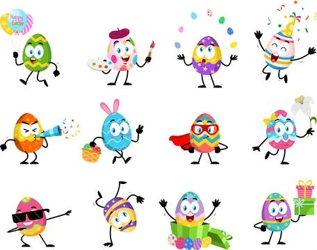 Easter Egg Cartoon Mascot Characters In Different Poses. Stockillustratie