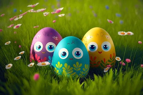 Easter egg character. Cute adorable easter background. Group of colorful eg.. 스톡 일러스트