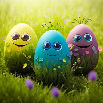 Easter egg character. Cute adorable easter background. Group of colorful eg.. Stock Illustration