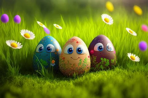 Easter egg character. Cute adorable easter background. Group of colorful eg.. Stock Illustration