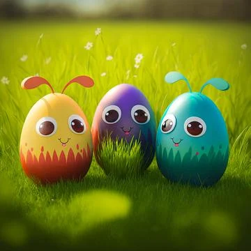 Easter egg character. Cute adorable easter background. Group of colorful eg.. Stock Illustration