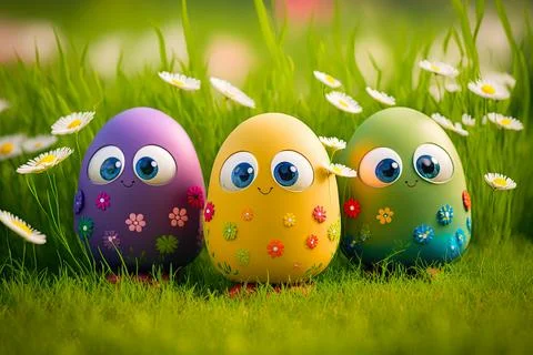 Easter egg character. Cute adorable easter background. Group of colorful eg.. 스톡 일러스트