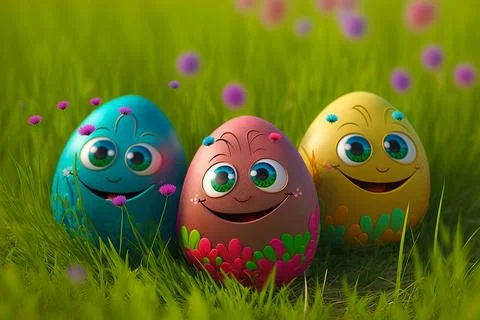 Easter egg character. Cute adorable easter background. Group of colorful eg.. Stock Illustration
