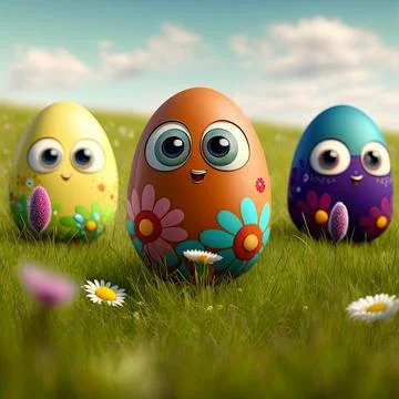 Easter egg character. Cute adorable easter background. Group of colorful eg.. Stock Illustration