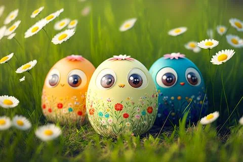 Easter egg character. Cute adorable easter background. Group of colorful eg.. Stock Illustration