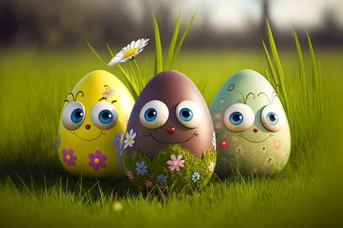 Easter egg character. Cute adorable easter background. Group of colorful eg.. Stock Illustration