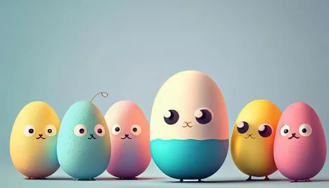 Easter egg character. Cute adorable easter background. Group of colorful eg.. 스톡 일러스트