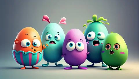 Easter egg character. Cute adorable easter background. Group of colorful eg.. 스톡 일러스트