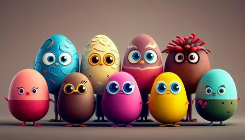 Easter egg character. Cute adorable easter background. Group of colorful eg.. Stock Illustration
