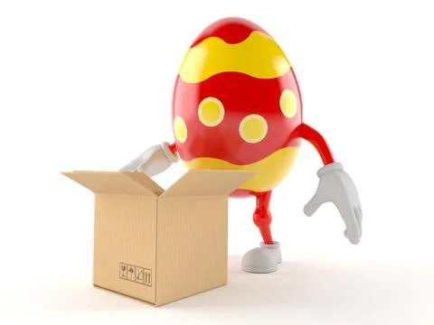 Easter egg character with open cardboard box Stock Illustration