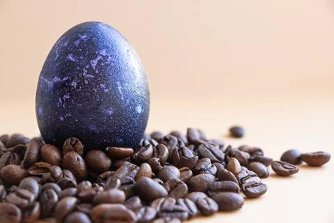 Easter egg in coffee beans. The egg is blue. On a light background Stock Photos