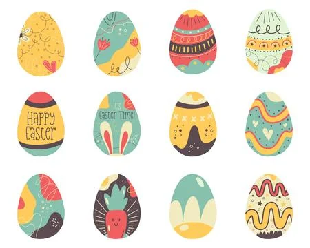 Easter egg collection designs. Easter holiday eggs hunt in colorful flat style Stock Illustration
