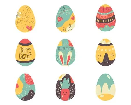 Easter egg collection designs. Easter holiday eggs hunt in colorful flat style 스톡 일러스트