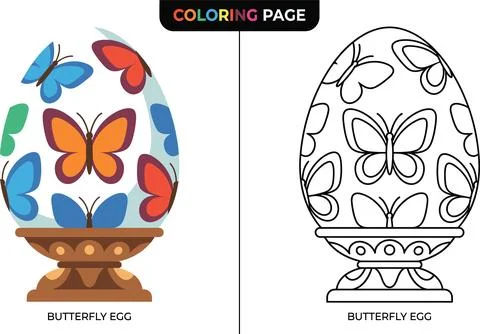 Easter Egg Coloring Page with Butterfly Designs. Stock Illustration