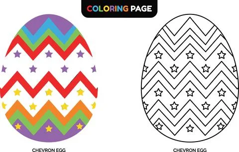 Easter Egg Coloring Page with Chevron Pattern and Stars. Stock Illustration