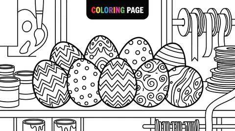 Easter Egg Coloring Page with Craft Supplies. Stock Illustration