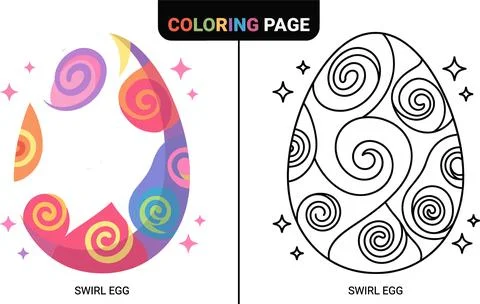 Easter Egg Coloring Page with Swirl Design and Sparkles. Stock Illustration