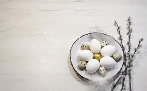 Easter egg composition in a plate on the table Stock Photos
