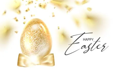 Easter egg with curves of ribbon confetti. Golden confetti egg on the white 스톡 일러스트