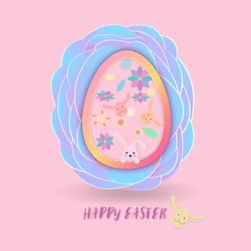 Easter egg with cute rabbit and pattern inside on overlap blue paper petal. イラスト素材