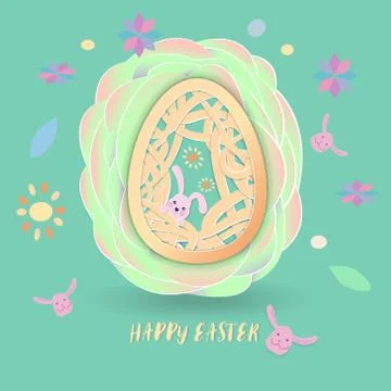 Easter egg with cute rabbit and pattern inside on overlap green paper petal. イラスト素材