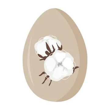 Easter egg decorated with dried white fluffy cotton flower. Isolated vector Stock Illustration