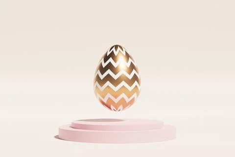 Easter egg decorated with gold levitates on pink podium, beige background Stock Illustration