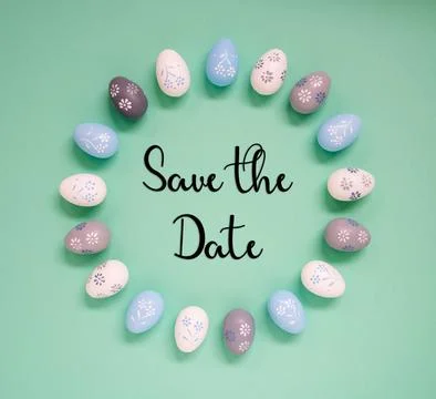 Easter Egg Decoration, Flat Lay, English Text Save The Date Stock Photos