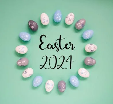 Easter Egg Decoration, Flat Lay, English Text Easter 2024 Stock Photos
