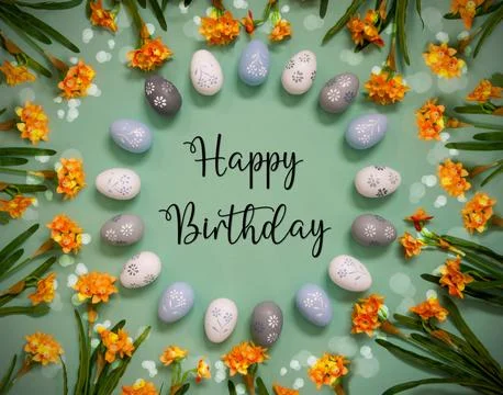 Easter Egg Decoration, Spring Flowers, English Text Happy Birthday Stock Photos