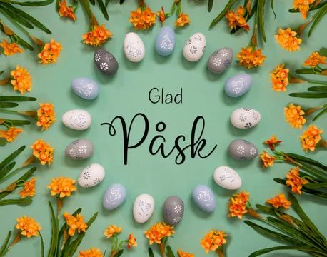 Easter Egg Decoration, Spring Flowers, Word Glad Pask Means Happy Easter Stock Photos