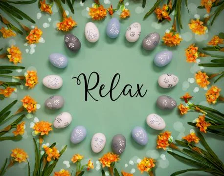 Easter Egg Decoration, Spring Flowers, English Text Relax Stock Photos
