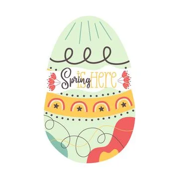 Easter egg design with text Spring is here. Easter holiday symbol egg hunt in Stock Illustration
