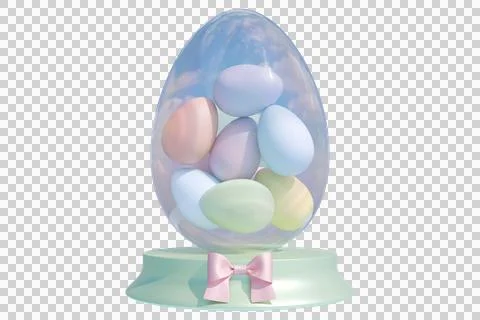 Easter egg display with pastel colored eggs inside a decorative glass egg. Illustrazione stock