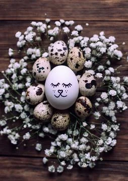 Easter egg with drawn cute face surrounded with quial eggs in nest of gypsophila Foto stock